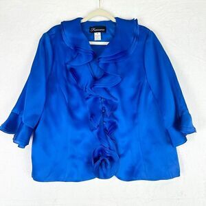 Frascara Silk Formal Jacket Top Size 22 Blue 3/4 Sleeve Ruffle Wedding Guest